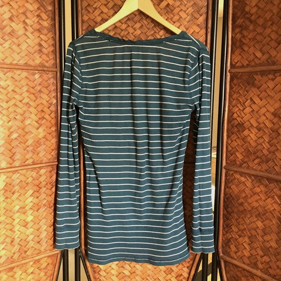 Y2K Teal & White Striped Long Sleeve Shirt - Picture 3 of 14